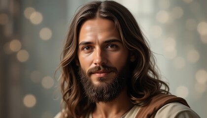 jesus, Gentle Man with Long Hair and Beard in Warm Lighting with Soft Background