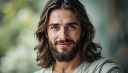 jesus, Young Man with Long Wavy Hair and Beard Smiling Outdoors in Natural Light