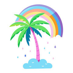 summer background with palm trees and rainbow