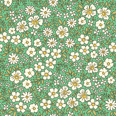 Vector seamless pattern. Vintage pattern in small flowers. Small cream white flowers. Brigh green background. Ditsy floral background. Delicate Spring template for fashion textile prints. Stock vector © ann_and_pen