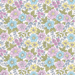 Vintage seamless floral pattern. Liberty style background of small pastel colorful flowers. Small flowers scattered over a white background. Stock vector for printing on surfaces. Gentle flowers. © ann_and_pen