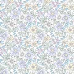 Seamless floral pattern. Cute bouquet of small light pastel color flowers. Light flowers on white background in trendy fashion vintage liberty style. Stock vector for prints on surface.
