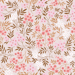 Vintage seamless floral pattern. Ditsy style background of small flowers. Small blooming rose pink and white flowers scattered over a light beige background. Stock vector for printing on surfaces.