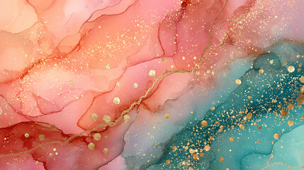 Abstract Pink and Teal Alcohol Ink with Gold Glitter Swirls"