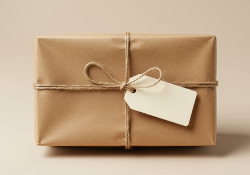 Brown paper wrapped gift box tied with twine and blank tag for personalization
