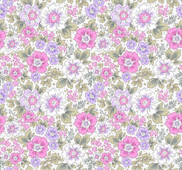 Beautiful floral pattern in small flowers. Small pastel pink, lilac and white flowers. White cream background. Ditsy print. Floral seamless background. Gentle template for fashion prints. Stock print 