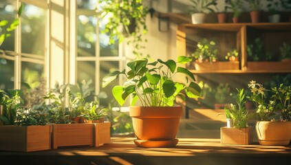 Sunlight streams through a window, illuminating a variety of potted plants on a wooden table and shelves