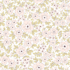 Vector seamless pattern. Vintage pattern in small flowers. Small pink flowers. White background. Liberty floral background. Hand drawn flowers. Abstract modern trendy pattern. Stock floral pattern.
