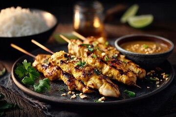Grilled satay skewers on a dark plate with peanut sauce and rice