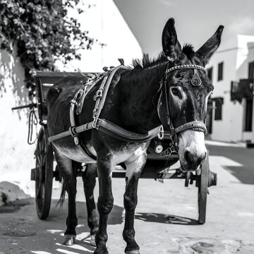Black and white donkey pulling a cart in a European town