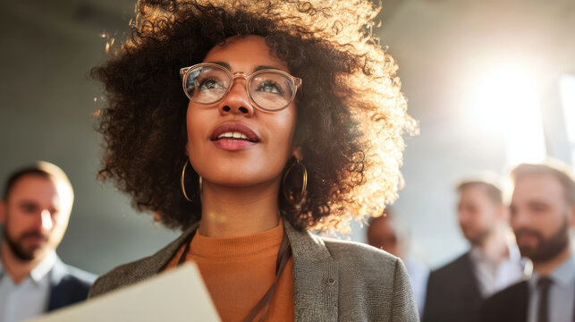 Confident businesswoman with glasses and curly hair in office