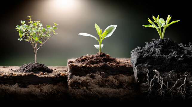 Young plant growth stages in soil with roots and sunlight