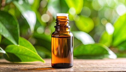 GeneratedMacro shot of an open amber glass bottle with essential oil, surrounded by blurred botanical leaves in the background, soft lighting, clean product scene, no label, no text, no hands image