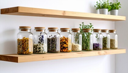 Side view of a minimalist wooden shelf with glass jars containing herbs and dried flowers, set against a white wall, clean and natural arrangement, no labels, no text, soft shadows