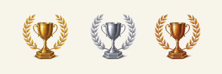 Gold silver and bronze trophies with laurel wreaths for competition and success