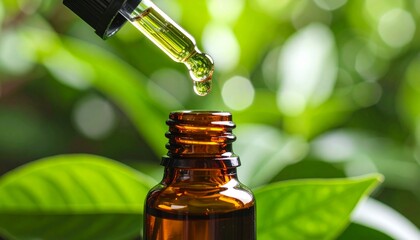 GeneratedMacro shot of an open amber glass bottle with essential oil, surrounded by blurred botanical leaves in the background, soft lighting, clean product scene, no label, no text, no hands image