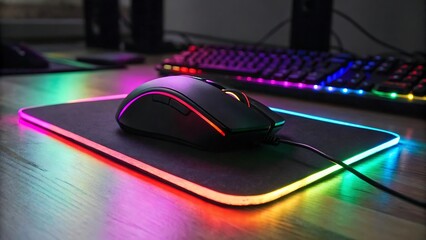A gaming mouse rests on a vibrant rgb mouse pad, illuminated by colorful led lights on a wooden desk transparent background