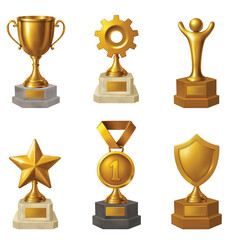 Gold trophy icons set on pedestals for award success and competition