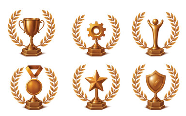 Bronze trophy award icons with laurel wreaths on pedestals for recognition and success