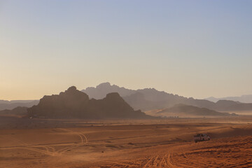 Desert Landscape at Sunset in Wadi Rum, Jordan
