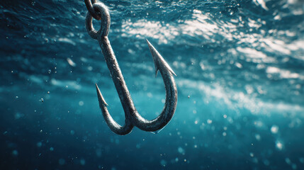 Fishing hook underwater with natural light and water bubbles