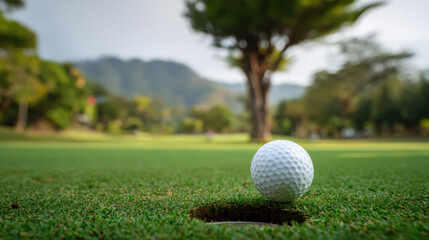 Golf ball near hole on green golf course with mountain view