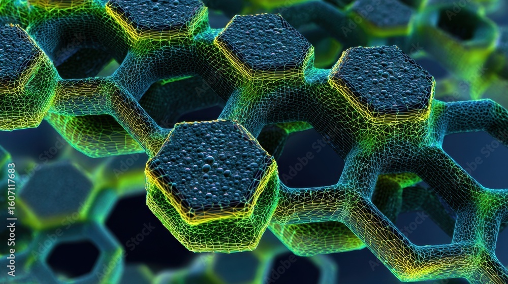 Poster microscopic view of graphene sheets forming hexagonal structures, highlighting their alignment and p