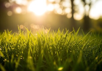 Closeup of green grass with morning dew and sunlight