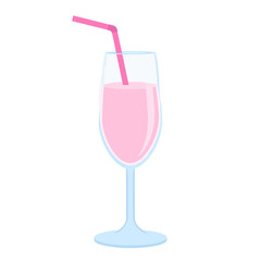 A tall, elegant glass filled with a creamy pink drink and a matching bent pink straw.