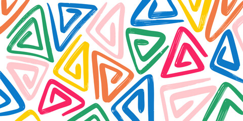 pattern of hand drawn colorful triangles in doodle style on a white background. Abstract geometric design features vibrant red, green, blue, orange, pink, and yellow sketch style triangles. 