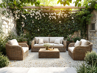 Fototapeta premium Home backyard patio decorated with peaceful furniture