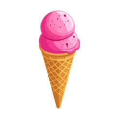 Double scoop pink strawberry ice cream with fruit bits in a golden waffle cone illustration.