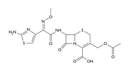 cefotaxime molecule, structural chemical formula, ball-and-stick model, isolated image antibiotic