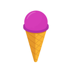Vibrant magenta ice cream scoop on a golden waffle cone, flat vector illustration.