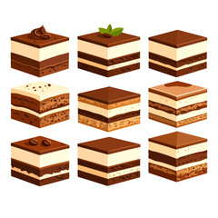 Vector illustration set of nine square tiramisu cake slices with chocolate, coffee beans, and cream layers.