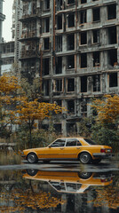 Fototapeta premium Vintage yellow car parked by abandoned building with autumn trees and reflection in water.
