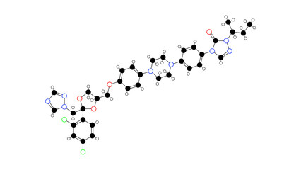 itraconazole molecule, structural chemical formula, ball-and-stick model, isolated image antifungal agent