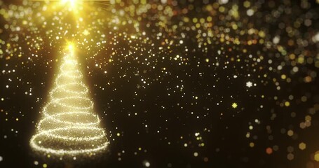 Glowing Christmas tree animation with snowflakes and particles on golden. Holiday concept and background. Seamless looping 4k - Powered by Adobe