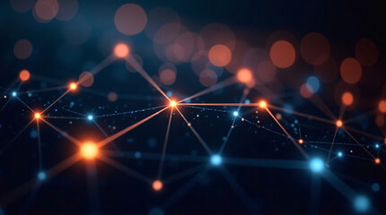 A glowing network of interconnected lines and nodes in blue and orange, with a futuristic, digital aesthetic.