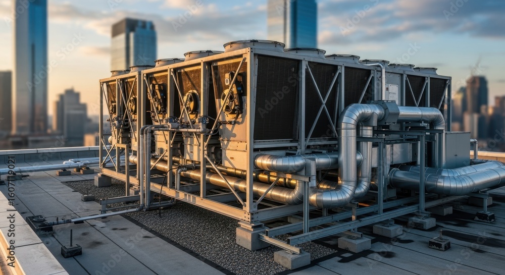 Poster steelframed condenser array on highrise building roof part of central cooling and ventilation system