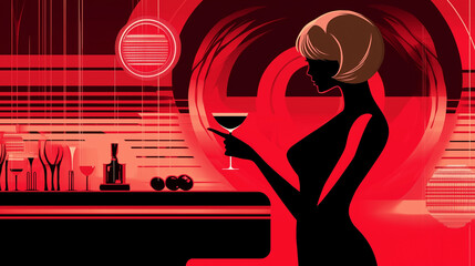 Stylish woman silhouette holding cocktail in chic red bar with abstract lights and modern decor