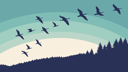 Flying Birds Over Scenic Forest at Sunset
