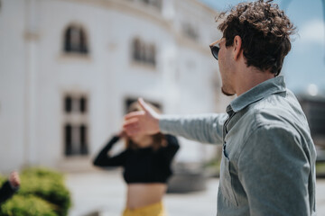 A group of friends engage in a lively conversation against the backdrop of an urban building.