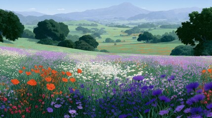 Fototapeta premium A vibrant landscape filled with colorful wildflowers. This serene scene showcases rolling hills, trees, and mountains in the distance. Ideal for nature lovers and art enthusiasts. AI