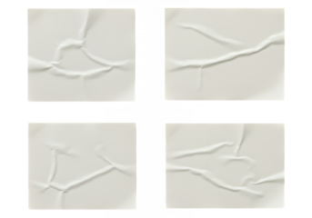 Four wrinkled paper squares isolated on transparent background