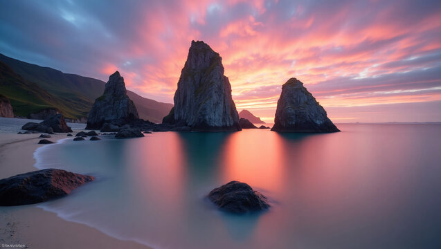 A beach at sunset with three tall rock formations in the water, reflecting vibrant pink and orange hues of the sky, surrounded by green hills.