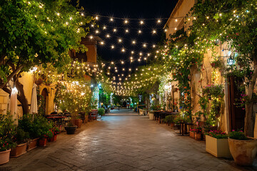 Fototapeta premium Enchanting European street at night illuminated by magical fairy lights creating a romantic ambiance