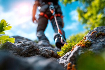Closeup of easy belay descender device in climbers hands for safety gear
