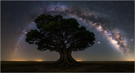 Fototapeta premium Milky Way Arch Over Ancient Strangler Fig Tree in Pulau Moyo Savanna