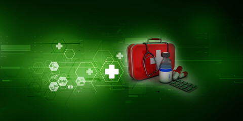 3d rendering First aid kit with stethoscope